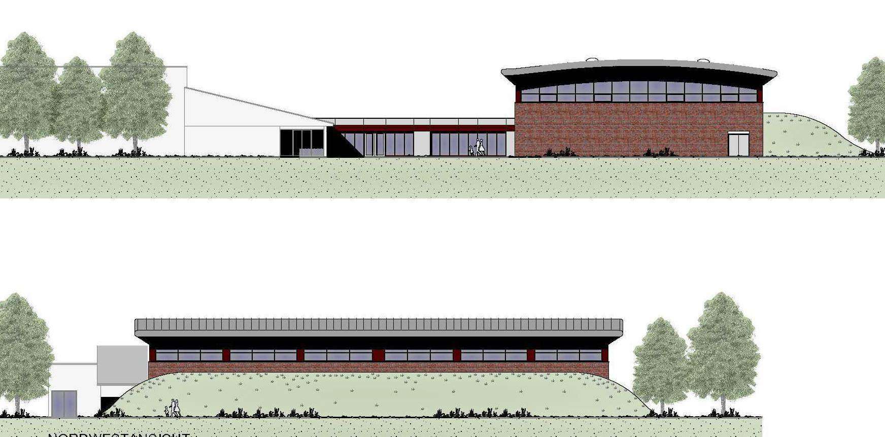 Zwei Ansichten des Projektes: Der Bauausschuss sprach sich einvernehmlich für ein freistehendes Gebäude als neue Zwei-Feld-Turnhalle aus.