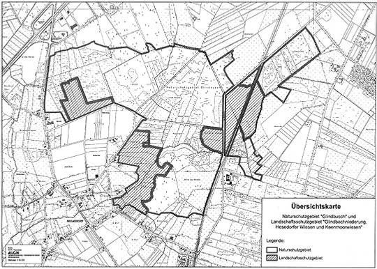 Das FFH-Gebiet Glindbusch soll jetzt, wie auf der Karte zu sehen, als Landschaftsschutz- (schraffierte Fläche) und Naturschutzgebiet ausgewiesen werden
